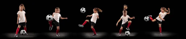 Ολόκληρο πορτρέτο μικρού κοριτσιού, παιδιού, προπόνησης, να παίζει ποδόσφαιρο απομονωμένο σε μαύρο φόντο στούντιο. Κολάζ — Φωτογραφία Αρχείου