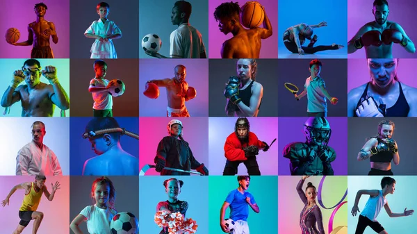 Collage. Portretten van professionele atleten van verschillende sporten poseren, training geïsoleerd over veelkleurige achtergrond in neon lichten — Stockfoto