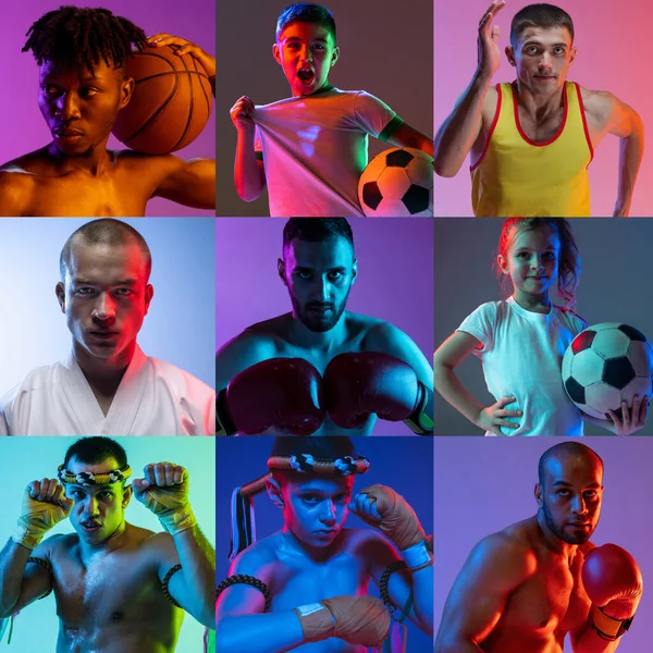 Portretten van jongeren, sporters die geïsoleerd poseren over veelkleurige achtergrond in neon. Collage — Stockfoto