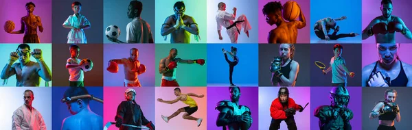 大学生活。年轻的男男女女，不同运动的运动员在霓虹灯的五颜六色背景下摆出孤立的姿势 — 图库照片