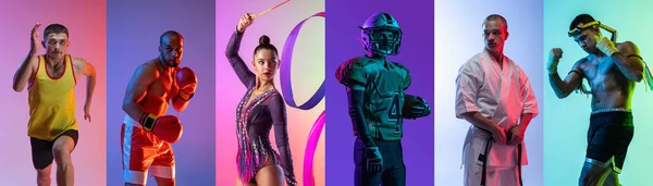Full-length portraits of young sportive people, men and woman training isolated over multicolored background in neon. Collage — Stock Photo, Image