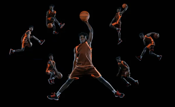 Collage von Porträt eines Basketballprofis in Uniform, Training isoliert über schwarzem Hintergrund — Stockfoto