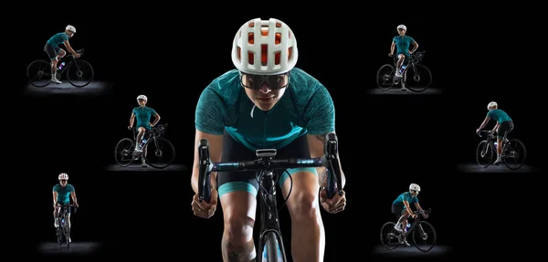 Collage de imágenes de mujer, ciclistas profesionales, montando una bicicleta en casco protector aislado sobre fondo negro — Foto de Stock