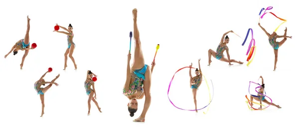 Collage av professionell rytmisk gymnast, ung kvinna tränar, utbildning isolerad över vit bakgrund — Stockfoto