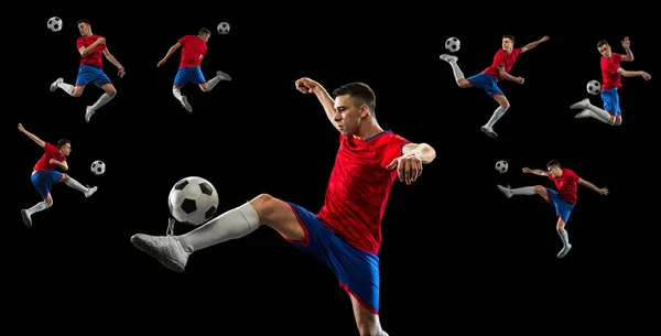 Collage. Ritratti di calciatore professionista in uniforme rossa in posa isolata su sfondo nero — Foto Stock