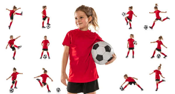 Retratos de niña, niño, entrenando, jugando al fútbol aislado sobre fondo blanco del estudio. Collage. —  Fotos de Stock