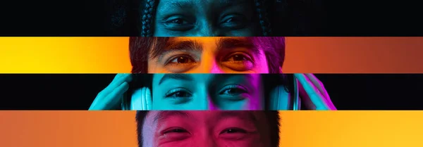 Kollázs. Fiatalok, férfiak és oeman emberi szemének portréi, színes neon háttérrel elszigetelt keskeny csíkokban. — Stock Fotó