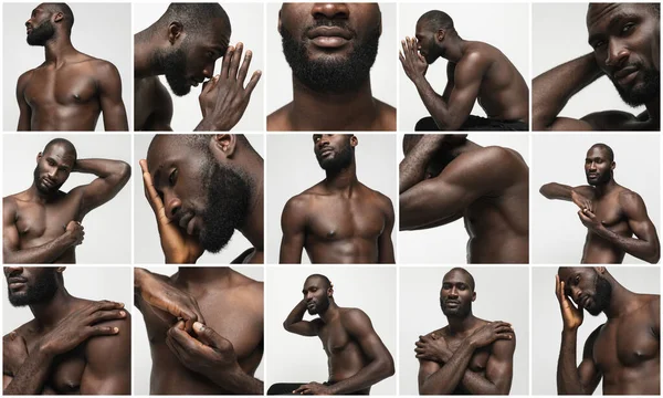 大学生活。不同的身体部位，年轻的肌肉非洲男子的肖像在白色的工作室背景下被隔离 — 图库照片