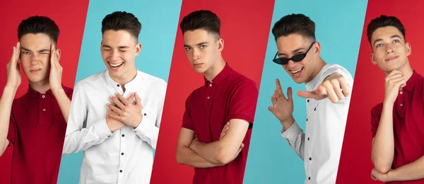Portraits of young handsome boy posing with different emotions isolated over blue and red background. Collage — Stock Photo, Image
