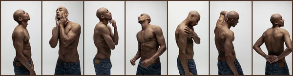 Kolaż. Pół-długi portret młodego przystojnego muskularnego mężczyzny pozującego bez koszulki na szarym tle studia — Zdjęcie stockowe