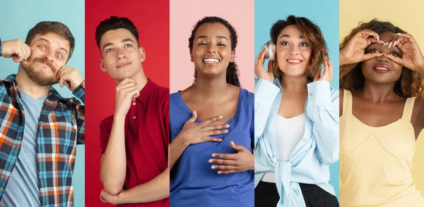 Колаж молодих емоцій людей, чоловіків і жінок, які позують ізольовані на різнокольоровому тлі — стокове фото