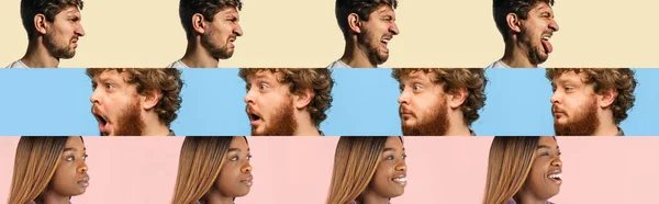 Colagem. Visão lateral retratos de homens e mulheres com diferentes emoções posando isolado sobre fundo multicolorido — Fotografia de Stock