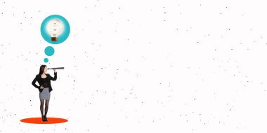 Yaratıcı tasarım. İş kadınlarıyla çağdaş sanat kolajı, teleskopla izleyen ve yeni iş fikirleri arayan çalışanlar.