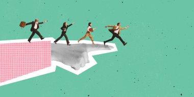 Çağdaş sanat kolajı. Yöneticiler, çalışanlar dev gibi çalışıyor, yeni iş pozisyonlarına ulaşıyorlar.