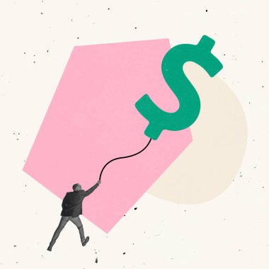 Yaratıcı tasarım. İş adamı elinde dolar şeklinde bir balon tutuyor. Kârlı bir iş projesini simgeliyor.