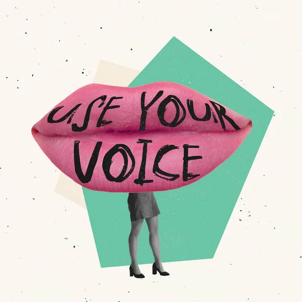 Δημιουργικός σχεδιασμός. Κολάζ σύγχρονης τέχνης. Γιγάντια γυναικεία χείλη με λέξεις χρησιμοποιούν τη φωνή σας που συμβολίζει τα ανθρώπινα δικαιώματα — Φωτογραφία Αρχείου