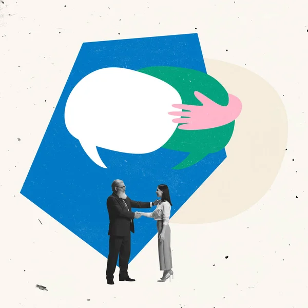 Collage creativo di partner commerciali che si stringono la mano, uomo che si congratula con la donna con il lavoro di successo — Foto Stock