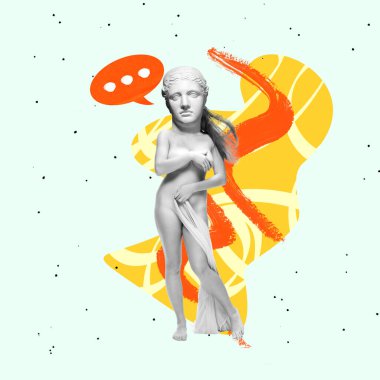 Çağdaş sanat kolajı. Şeffaf kumaş içinde güzel, narin bir kadın bedeni ve mavi arka planda izole edilmiş antik heykel büstü kafası.