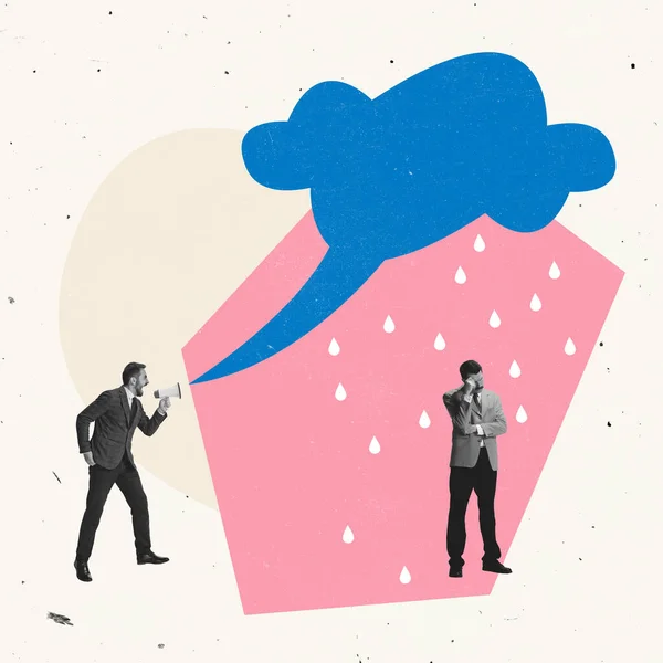Colagem de arte contemporânea. Empresário gritando em megafone com raiva de funcionário estressado simbolizando problemas de negócios — Fotografia de Stock