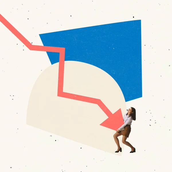 Jonge kantoormedewerker, werknemer probeert te voorkomen dat vallende grafiek pijl symboliseert financiële problemen en zakelijke mislukking — Stockfoto