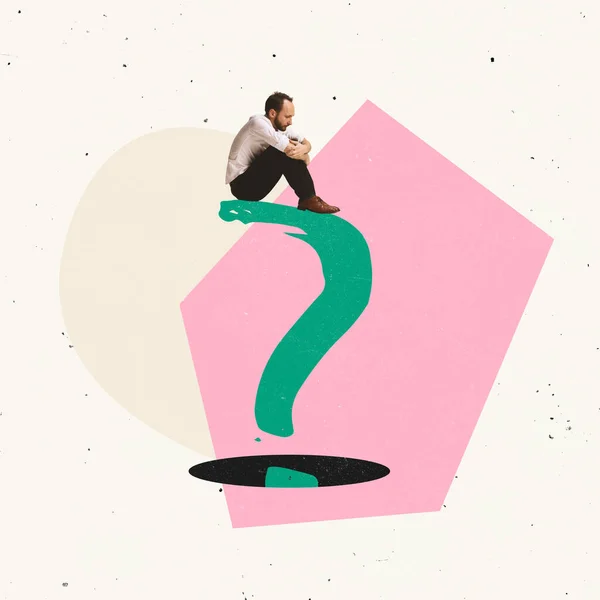 Creative design. Desperate employee, office worker sitting on giant question mark symbolizing business struggles and options