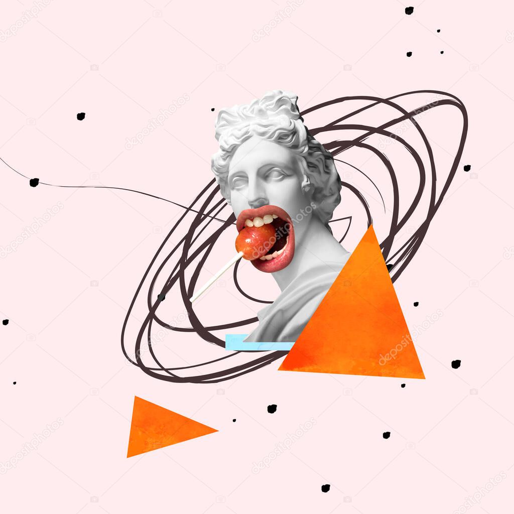 Contemporary art collage with make antique statue bust eating lolly, candy isolated over pink background with geometric figures