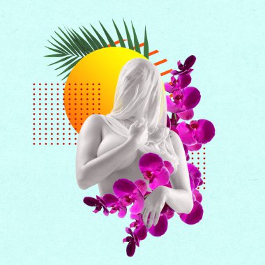 Yaratıcı tasarım. Mavi arka planda, şeffaf viel ve orkide çiçekleriyle kaplanmış kadın büstü. Yaz havası, parti. Modern sanat anlayışı, güzellik, minimalizm. İlan için alanı kopyala.