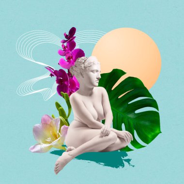 Yaratıcı tasarım. Çağdaş sanat eserleri. Antik heykel büstü olan hassas bir kadın mavi çiçekli arka planda izole edilmiş. Yaz tatili tasarımı. Modern sanat anlayışı, güzellik, minimalizm. İlan için alanı kopyala