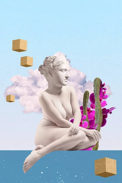 Collage Zeitgenössischer Kunst Junge Zarte Frau Mit Antiken Statuenkopf Sitzt — Stockfoto