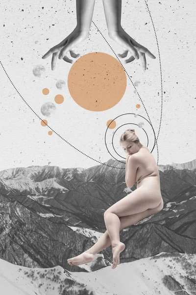 Початковий Мистецький Колаж Молодою Ніжною Жінкою Сидить Гірському Тлі Творчий — стокове фото