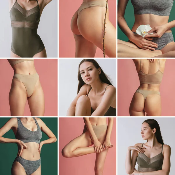 Collage. Tender young girl posing in underwear isolated over pink and gray background — Stock Photo, Image
