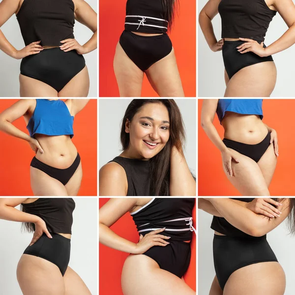 Collage av kroppsdelar av vackra unga anbud kvinna poserar i underkläder isolerade över malticolored bakgrund — Stockfoto