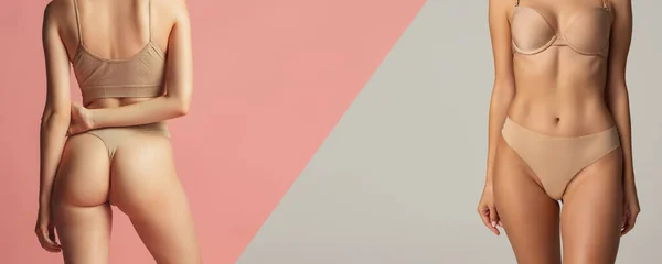 Collage. ryggen och framsidan av vacker smal kvinnlig kropp i underkläder poserar isolerad över rosa och gay bakgrund — Stockfoto