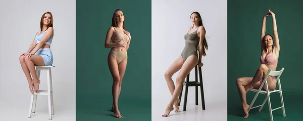 Collage von Porträts schöner junger schlanker Frauen, die in Unterwäsche isoliert vor buntem Hintergrund posieren. — Stockfoto