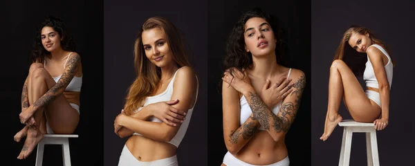 Kolaż. Portrety młodej atrakcyjnej kobiety pozującej w białym body i bieliźnie odizolowanej na czarnym tle — Zdjęcie stockowe