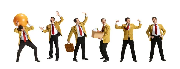 Kolaż. Biznesmen, pracownik biurowy w żółtej kurtce stojący w kolejce, wykazujący różne emocje i działania — Zdjęcie stockowe