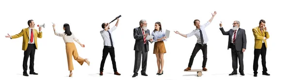 Koláž. Podnikatelé, kancelářští pracovníci, manažeři stojící v řadě v různých směrech izolovaných přes bílé pozadí — Stock fotografie