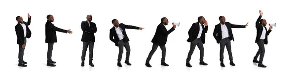 Collage. Businessman, office worker in a suit standing in a line, showing different actions isolated over white background — Stock Photo, Image