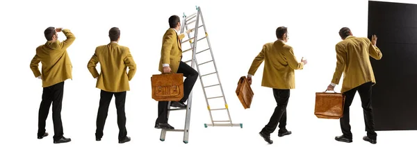 Collage. Man i gul jacka med retro resväska stående i en linje med olika åtgärder isolerade över vit bakgrund — Stockfoto