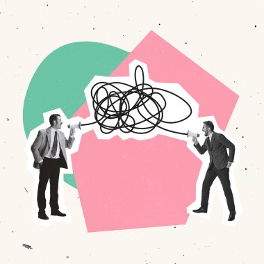Creative design. Two employees, workers shouting at each other trying to promote own business ideas clipart