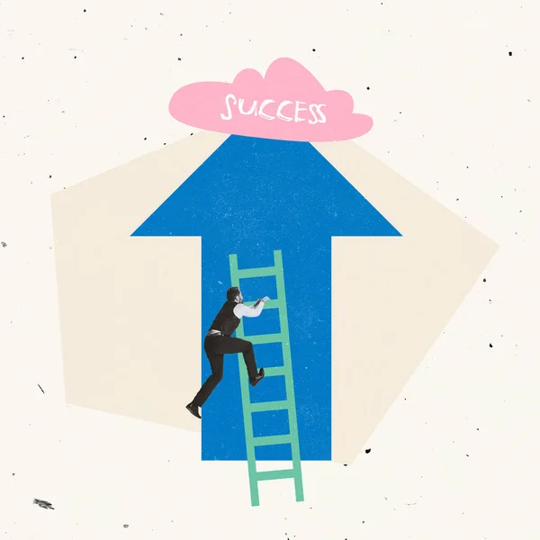 Kortárs művészeti kollázs. Bussinessman, motivált alkalmazott felmászik a csúcsra, ami a sikert és az előléptetést szimbolizálja. — Stock Fotó