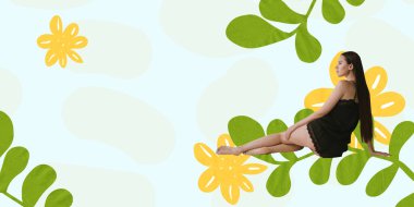 Çiçekli arka planda izole edilmiş iç çamaşırlarıyla poz veren genç bir kızın yaratıcı renkli tasarımı. El ilanı