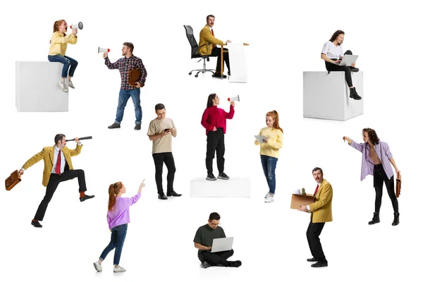 Collage. Gente de negocios, empleados, gerentes que trabajan en proyectos aislados sobre fondo blanco — Foto de Stock