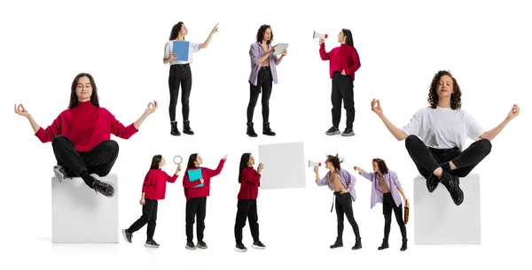 Collage. Two young girls, employees working on projects isolated over white studio background — Stock Photo, Image