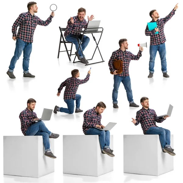 Collage. Uomo in camicia a scacchi che lavora sul nuovo progetto isolato su whie background — Foto Stock