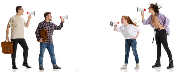 Kollázs. Üzletemberek, az alkalmazottak hangosbeszélőben kiabálnak egymással elszigetelten, fehér háttérrel. — Stock Fotó