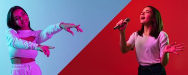 İki genç kızın şarkı söyleyip dans ettiği kolaj çok renkli arka planda neon ışıklarla izole edilmiş.