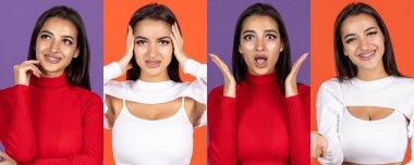 Kolaj. Çok renkli arka planda izole edilmiş mutluluk ve stres duyguları olan güzel bir kızın portreleri.