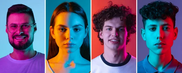 Collage. Porträtt av ungdomar, män och flickor poserar, tittar på kameran isolerad över flerfärgad bakgrund i neon — Stockfoto