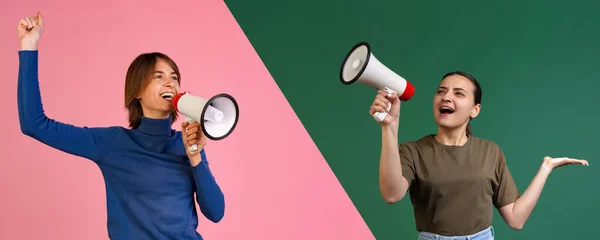 コラージュ。Two young girls shouting in megaphone isolated over pink and green background — ストック写真